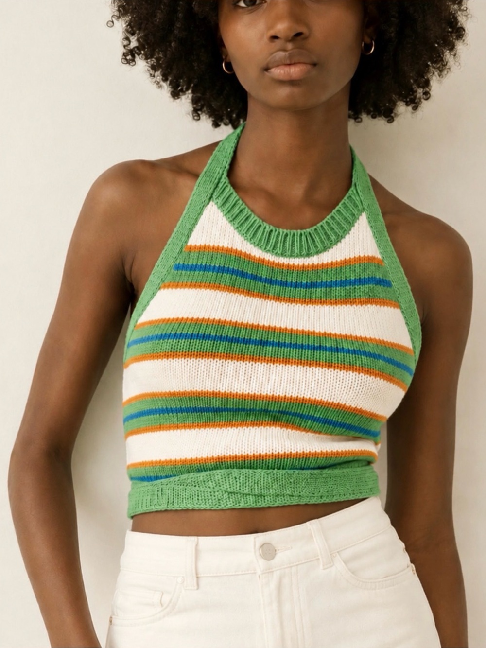 Zara Green Striped Knit Halter Crop Top Wrap Tie Cotton Size Small